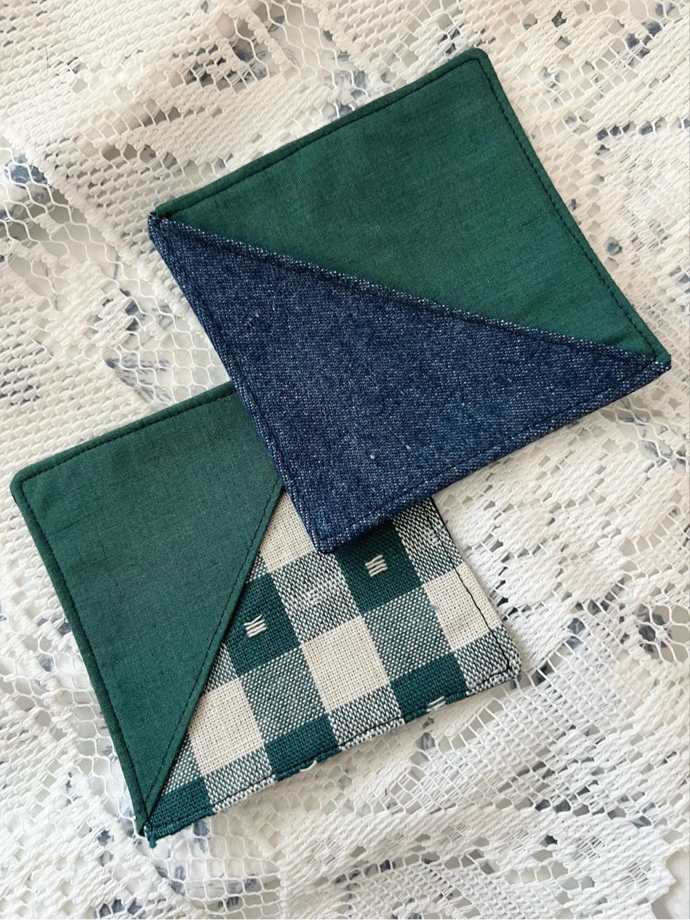 Handmade Green Gingham Navy Denim Corner Bookmark Set